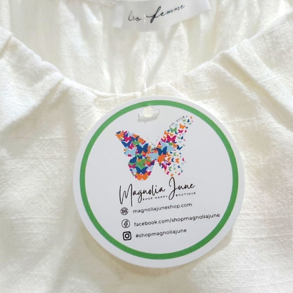 Ces Femme Cream Linen Blend Crop Tie Back Shirt Short Bell Sleeves LG, NWT - Picture 2 of 5